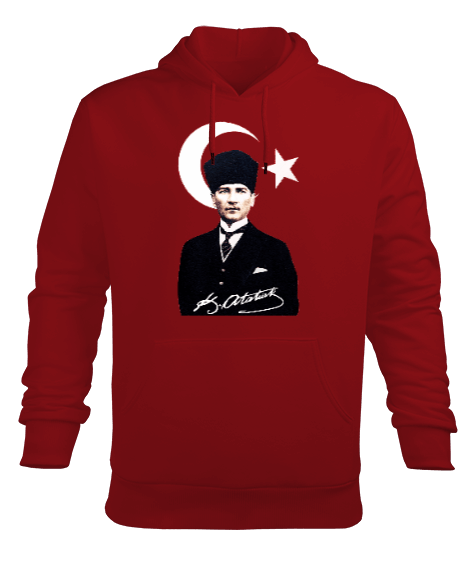 Tisho - Mustafa Kemal Atatürk imzalı Baskılı Kırmızı Erkek Kapüşonlu Hoodie Sweatshirt