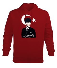 Mustafa Kemal Atatürk imzalı Baskılı Kırmızı Erkek Kapüşonlu Hoodie Sweatshirt - Tisho