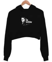 Mustafa Kemal Atatürk İmzalı The Father Yazılı Siyah Kadın Crop Hoodie Kapüşonlu Sweatshirt - Tisho