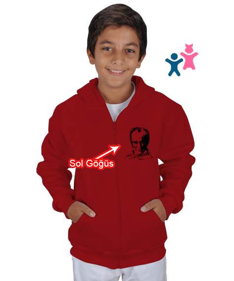 Tisho - Mustafa Kemal Atatürk Kırmızı Çocuk Kapüşonlu Hoodie Fermuarlı