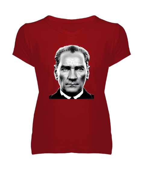 Tisho - Mustafa Kemal Atatürk Kırmızı Kadın V Yaka Tişört