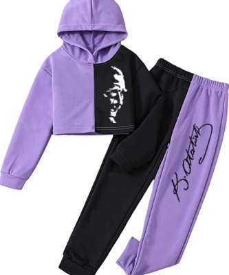 Mustafa Kemal Atatürk Lila-Siyah Çift Renkli Kız Çocuğu Crop Hoodie ve Eşofman Altı - Tisho