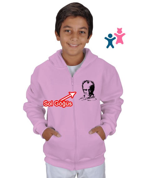 Tisho - Mustafa Kemal Atatürk Pembe Çocuk Kapüşonlu Hoodie Fermuarlı