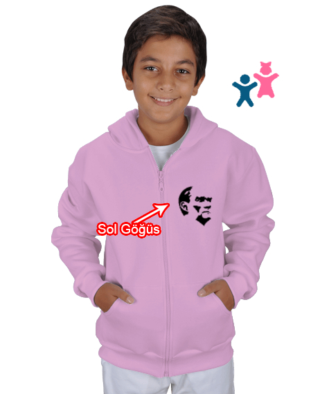 Tisho - Mustafa Kemal Atatürk Pembe Çocuk Kapüşonlu Hoodie Fermuarlı