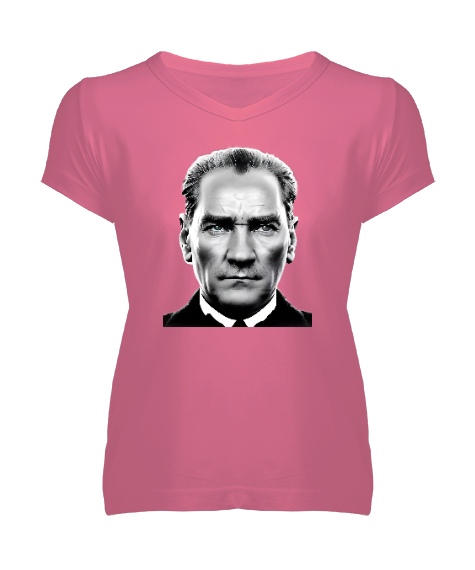 Tisho - Mustafa Kemal Atatürk Pembe Kadın V Yaka Tişört