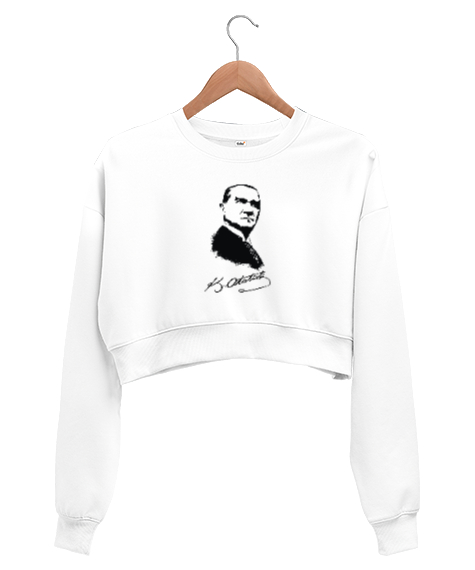 Tisho - Mustafa Kemal Atatürk Resmi Ve İmzası Beyaz Kadın Crop Sweatshirt