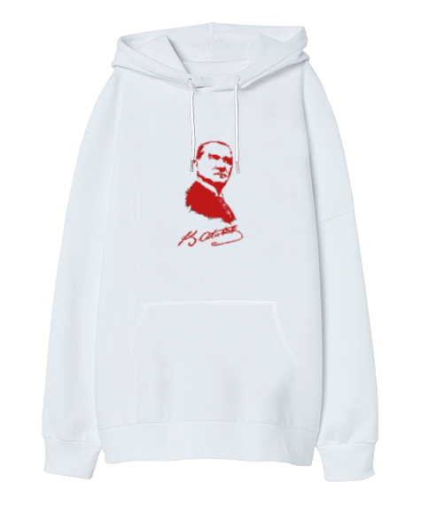 Tisho - Mustafa Kemal Atatürk Resmi Ve İmzası Beyaz Oversize Unisex Kapüşonlu Sweatshirt