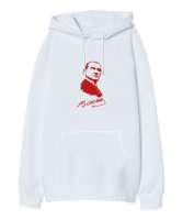 Mustafa Kemal Atatürk Resmi Ve İmzası Beyaz Oversize Unisex Kapüşonlu Sweatshirt - Tisho