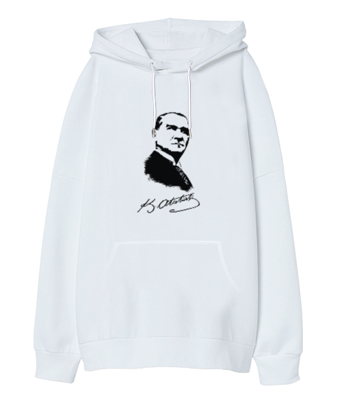 Tisho - Mustafa Kemal Atatürk Resmi Ve İmzası Beyaz Oversize Unisex Kapüşonlu Sweatshirt