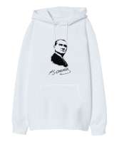 Mustafa Kemal Atatürk Resmi Ve İmzası Beyaz Oversize Unisex Kapüşonlu Sweatshirt - Tisho