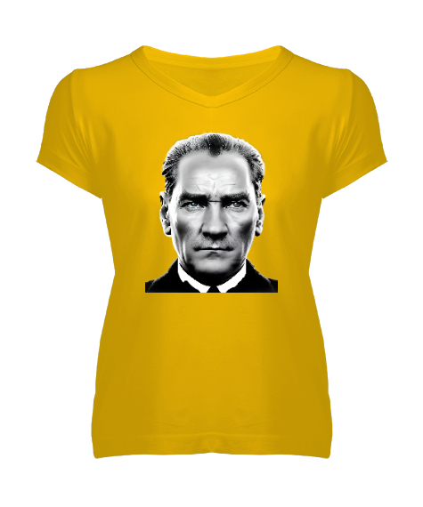 Tisho - Mustafa Kemal Atatürk Sarı Kadın V Yaka Tişört