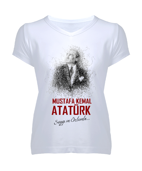Tisho - Mustafa Kemal Atatürk - Saygı ve Özlemle Beyaz Kadın V Yaka Tişört