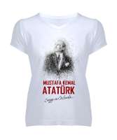 Mustafa Kemal Atatürk - Saygı ve Özlemle Beyaz Kadın V Yaka Tişört - Tisho