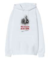 Mustafa Kemal Atatürk - Saygı ve Özlemle Beyaz Oversize Unisex Kapüşonlu Sweatshirt - Tisho
