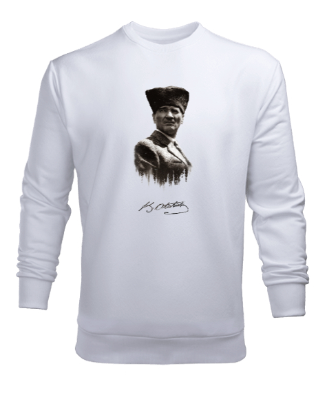 Tisho - Mustafa Kemal Atatürk Siluet Ve İmzalı Beyaz Erkek Sweatshirt