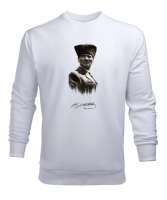 Mustafa Kemal Atatürk Siluet Ve İmzalı Beyaz Erkek Sweatshirt - Tisho