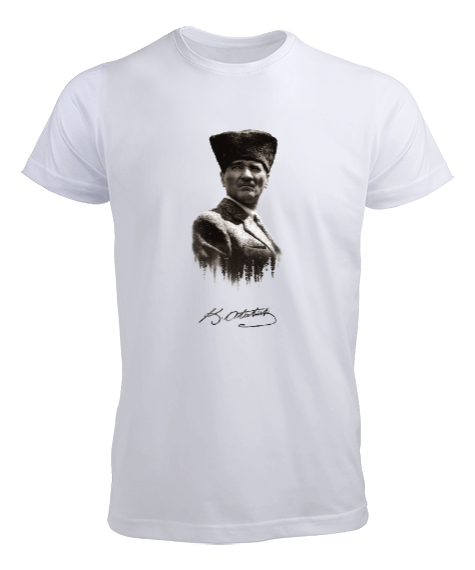 Tisho - Mustafa Kemal Atatürk Siluet Ve İmzalı Beyaz Erkek Tişört