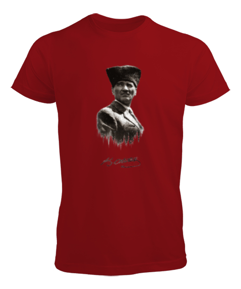 Tisho - Mustafa Kemal Atatürk Siluet Ve İmzalı Kırmızı Erkek Tişört