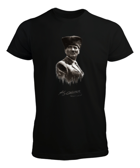 Tisho - Mustafa Kemal Atatürk Siluet Ve İmzalı Siyah Erkek Tişört