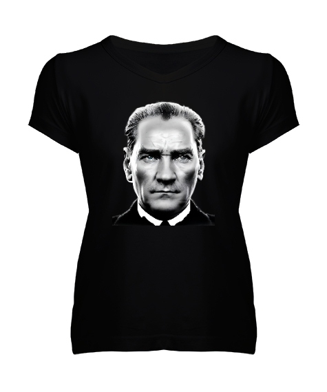 Tisho - Mustafa Kemal Atatürk Siyah Kadın V Yaka Tişört