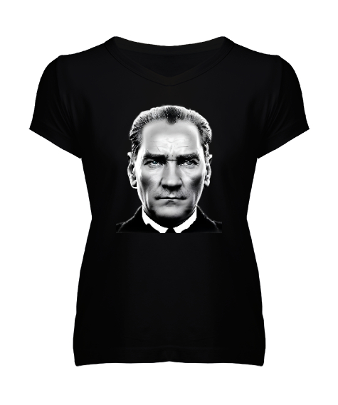 Mustafa Kemal Atatürk Siyah Kadın V Yaka Tişört - Tisho