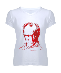 Mustafa Kemal Atatürk Tasarımlı Bayan Kadın V Yaka Tişört - Tisho