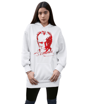 Mustafa Kemal Atatürk Tasarımlı Kadın Uzun Hoodie Kapüşonlu Sweatshirt - Thumbnail