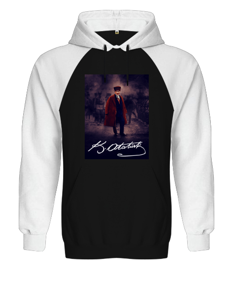 Tisho - Mustafa Kemal Atatürk V5 Siyah/Beyaz Orjinal Reglan Hoodie Unisex Sweatshirt