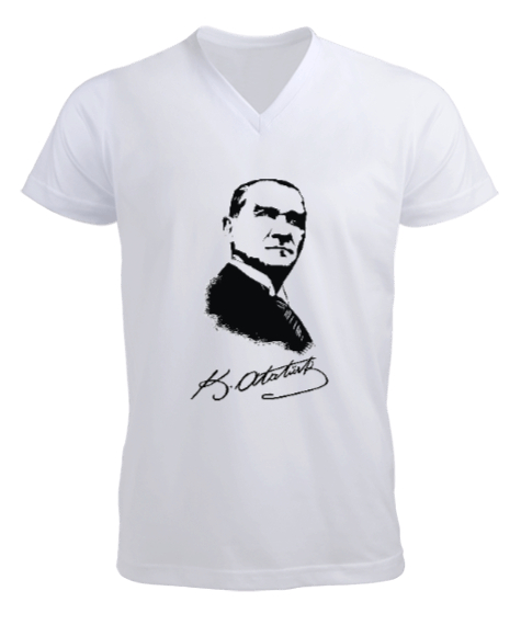 Tisho - Mustafa Kemal ATATÜRK Ve İmzası Beyaz Erkek Kısa Kol V Yaka Tişört