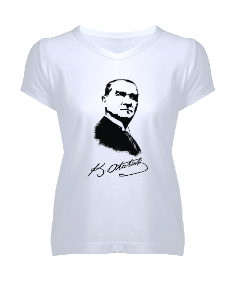 Tisho - Mustafa Kemal ATATÜRK Ve İmzası Beyaz Kadın V Yaka Tişört