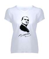 Mustafa Kemal ATATÜRK Ve İmzası Beyaz Kadın V Yaka Tişört - Tisho