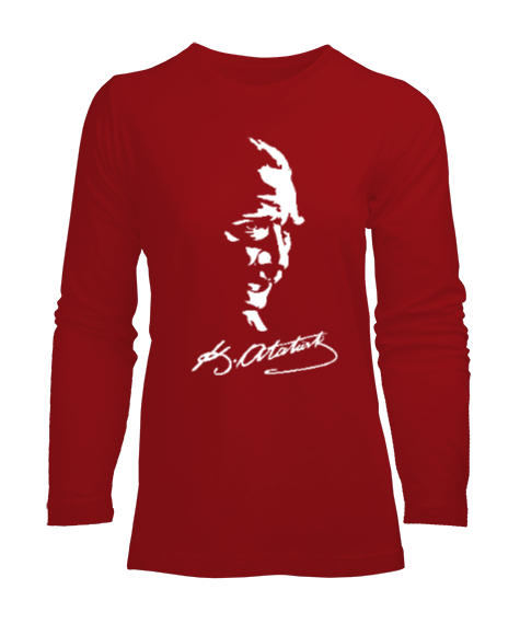 Tisho - Mustafa Kemal Atatürk ve İmzası V2 Kırmızı Kadın Uzun Kol Tişört