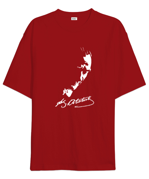 Mustafa Kemal Atatürk Ve İmzası V2 Kırmızı Oversize Unisex Tişört - Tisho
