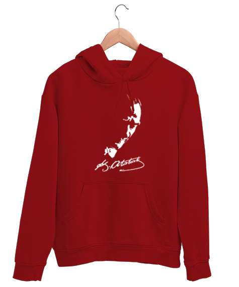 Mustafa Kemal Atatürk Ve İmzası V2 Kırmızı Unisex Kapşonlu Sweatshirt - Tisho