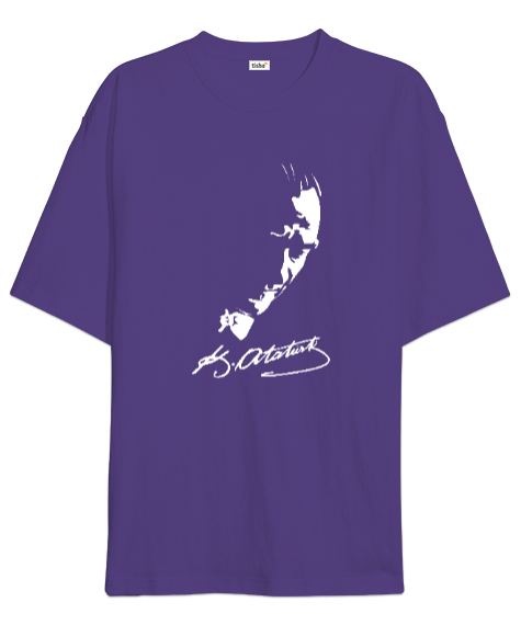 Mustafa Kemal Atatürk Ve İmzası V2 Mor Oversize Unisex Tişört - Tisho