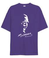 Mustafa Kemal Atatürk ve İmzası V2 Mor Oversize Unisex Tişört - Tisho