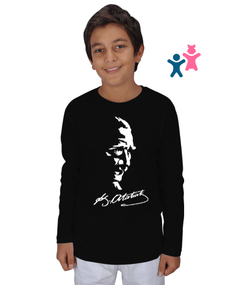 Tisho - Mustafa Kemal Atatürk ve İmzası V2 Siyah Çocuk Unisex Uzunkollu