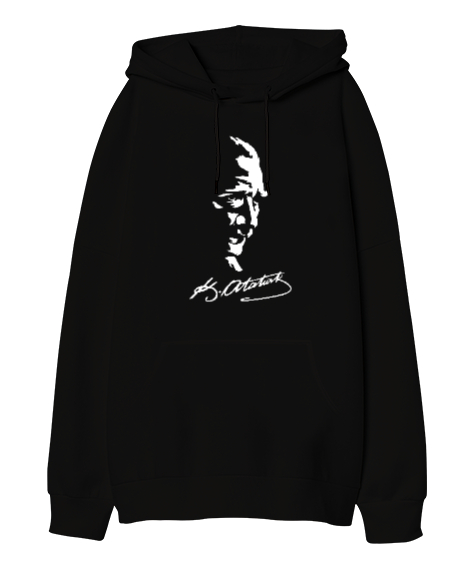 Tisho - Mustafa Kemal Atatürk ve İmzası V2 Siyah Oversize Unisex Kapüşonlu Sweatshirt