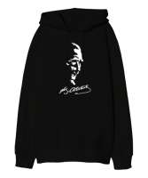 Mustafa Kemal Atatürk ve İmzası V2 Siyah Oversize Unisex Kapüşonlu Sweatshirt - Tisho