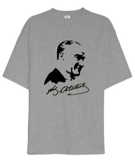 Tisho - Mustafa Kemal Atatürk ve İmzası V3 Gri Oversize Unisex Tişört