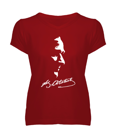 Tisho - Mustafa Kemal Atatürk ve İmzası V4 Kırmızı Kadın V Yaka Tişört