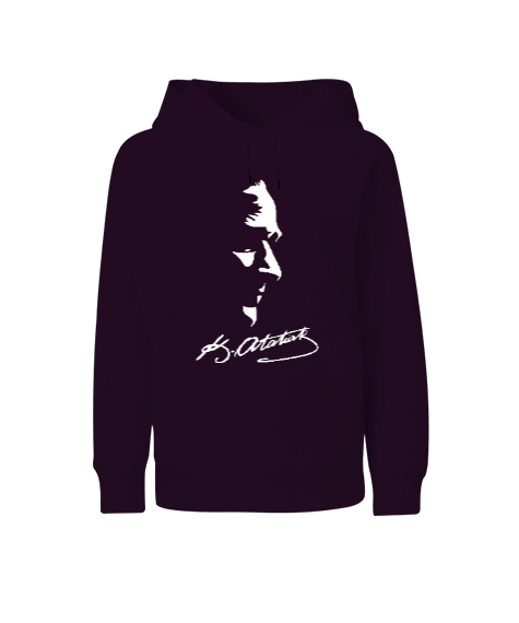 Tisho - Mustafa Kemal Atatürk ve İmzası V4 Koyu Mor Çocuk Unisex Hoodie Kapüşonlu