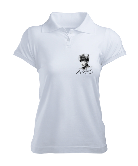 Tisho - Mustafa Kemal Atatürk ve İmzası V5 Beyaz Kadın Polo Yaka Tişört