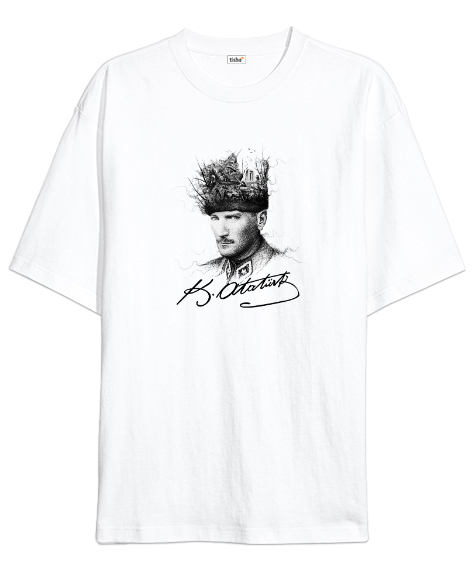 Tisho - Mustafa Kemal Atatürk ve İmzası V5 Beyaz Oversize Unisex Tişört