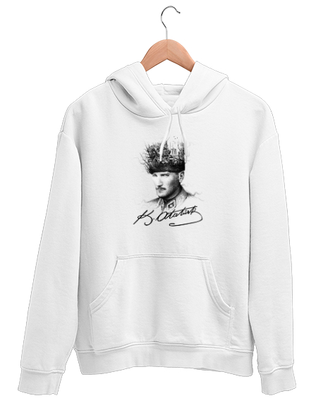 Tisho - Mustafa Kemal Atatürk ve İmzası V5 Beyaz Unisex Kapşonlu Sweatshirt