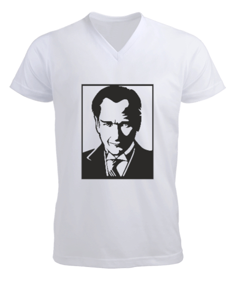 Tisho - Mustafa Kemal Atatürk Vektörel Beyaz Erkek Kısa Kol V Yaka Tişört