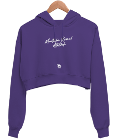 Mustafa Kemal Atatürk Yazılı Beyaz Kadın Crop Hoodie Kapüşonlu Sweatshirt - Tisho