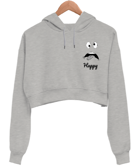 Tisho - Mutlu ama değil tasarım Kadın Crop Hoodie Kapüşonlu Sweatshirt