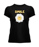 Mutlu Çiçek Siyah Kadın Tişört - Thumbnail