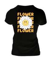 Mutlu Çiçek Siyah Kadın Tişört - Thumbnail